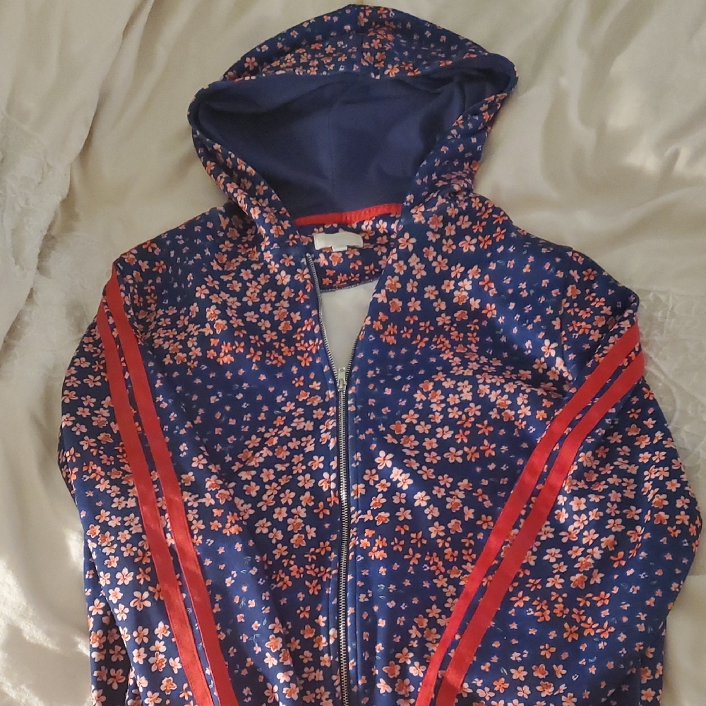 BCBG Hoodie with Red Stripes and Small Cherry Blosom Print On Blue Back Ground